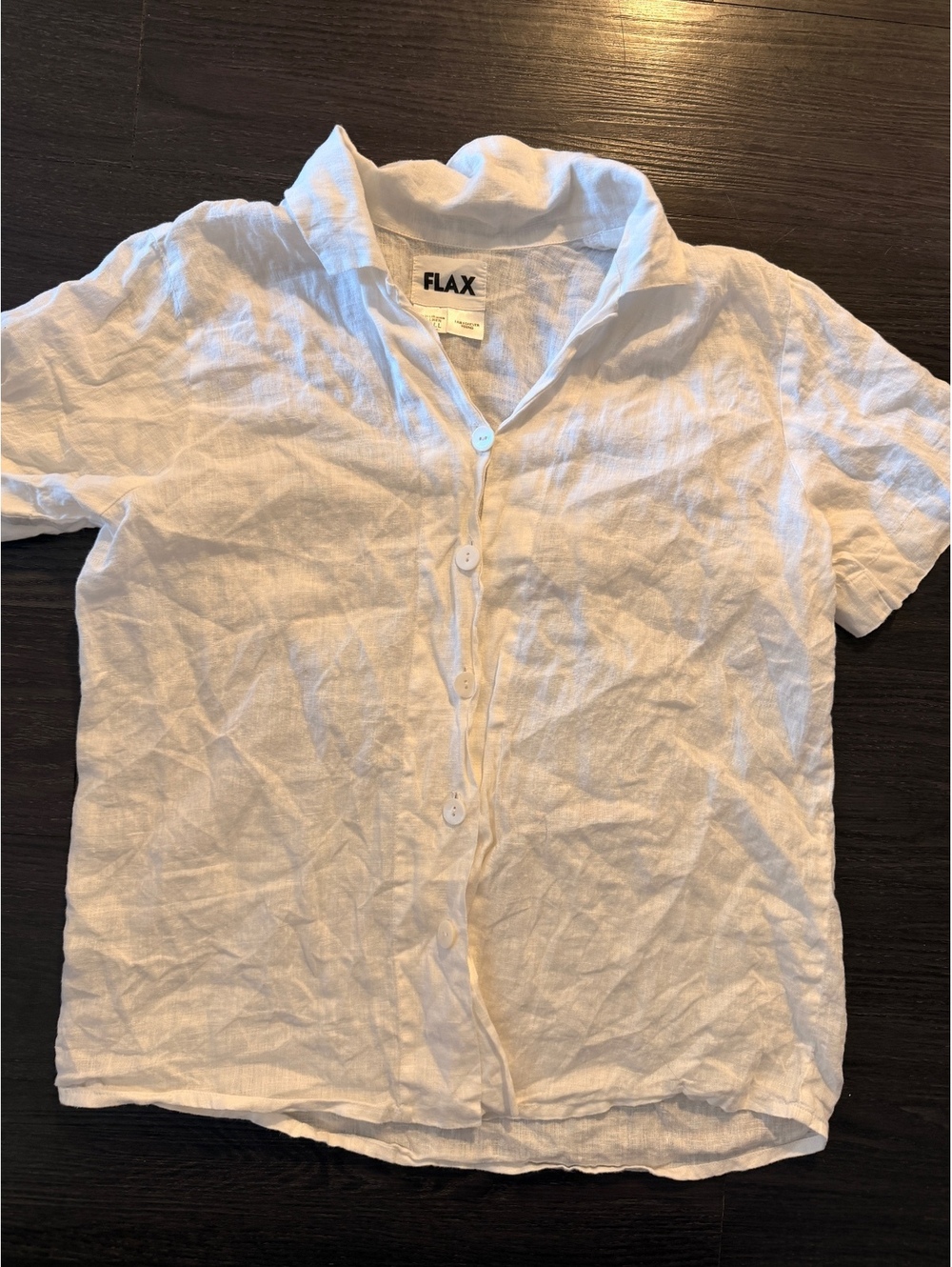 FLAX White 100% Linen Short Sleeve Button Down Shirt